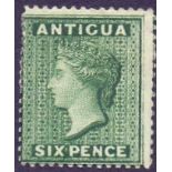 STAMPS : ANTIGUIA : 1884 6d Deep Green mounted mint Perf 14 SG 29