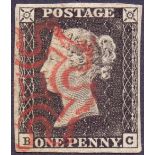 GREAT BRITAIN STAMPS : PENNY BLACK Plate 1a (BC) very fine four margin example cancelled by Red MX