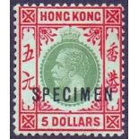 STAMPS : HONG KONG : 1912 $5 Green and Red on Blue Green Olive Back.