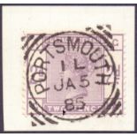 GREAT BRITAIN STAMPS : 1884 2d Lilac on a small piece of DLR record sheet tied by a Portsmouth IL