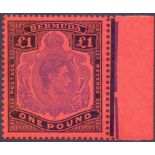 STAMPS : BERMUDA : 1952 £1 Bright Violet and Black/Scarlet, side marginal,