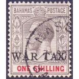 STAMPS : BAHAMAS : 1918 1/- Grey Black and Carmine, WAR STAMP ,