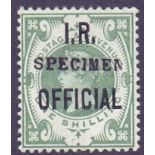 GREAT BRITAIN STAMPS : 1889 1/- Green IR OFFICIAL over printed SPECIMEN,