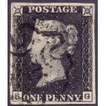 GREAT BRITAIN STAMPS : PENNY BLACK Plate 1b (SG), very fine used four margins,