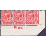 GREAT BRITAIN STAMPS : 1924 1d Scarlet EXPERIMENTAL PAPER unmounted mint control strip of three.