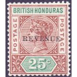 STAMPS : BRITISH HONDURAS 1891 5c 10c and 25c mounted mint over printed REVENUE SG 55s , 57s,
