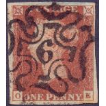 GREAT BRITAIN STAMPS : PENNY RED 1841 1d Red Plate 32 , four margin example cancelled by No 6 in MX,