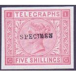 GREAT BRITAIN STAMPS : 1876 5/- Rose plate 1 IMPERF Telegraph over printed SPECIMEN,