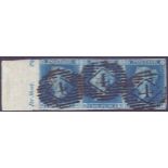 GREAT BRITAIN STAMPS : 1841 2d Blue used strip of 3 with left margin,