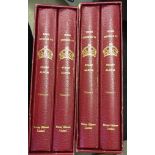 GVI Red Stanley Gibbons albums volume 1 to 4 in slip cases, used but with no stamps.