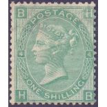 STAMPS : GREAT BRITAIN : 1865 1/- Green plate 4 (emblems watermark) mounted mint example,