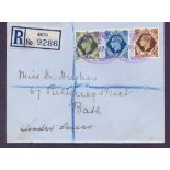 FIRST DAY COVER : 1939 GVI 9d, 10d and 1/- on registered plain hand addressed cover,