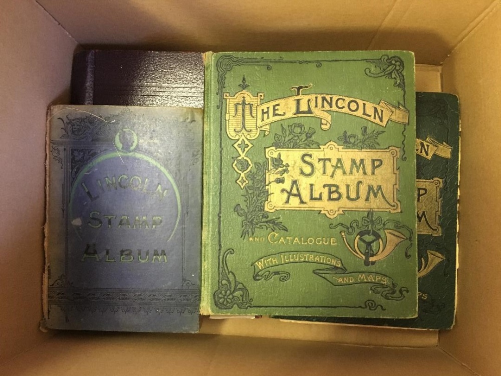 STAMPS : WORLD, four old-time Lincoln stamp albums and one other.