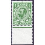 STAMPS : GREAT BRITAIN : 1912 1/2d Bluish Green, superb unmounted mint lower marginal single,