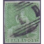 BARBADOS STAMPS : 1855 1/2d Yellow Green fine used 4 margin example with RPS CERT SG 1