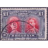 STAMPS : RHODESIA : 1910 £1 Rose-Scarlet and Blackish Blue,