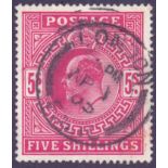 STAMPS : GREAT BRITAIN : 1902 5/- Deep Bright Carmine, fine used,