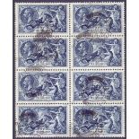 STAMPS : GREAT BRITAIN : 1934 10/- Seahorse used block of 8 ! light crease but still very