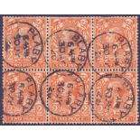 STAMPS : GREAT BRITAIN : 1920 2d fine used booklet pane of six each cancelled by CDS SG 368a dated