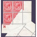 STAMPS : GREAT BRITAIN : 1912 1d Scarlet fantastic control block of four with dramatic paper fold !