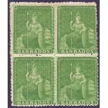 BARBADOS STAMPS : 1861 1/2d Green, fine mounted mint block of four,