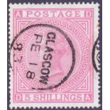 STAMPS : GREAT BRITAIN : 1882 5/- Rose BLUED paper,