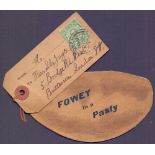 STAMPS EPHEMERA : 1912 Luggage label from FOWEY in the design of a Pasty !