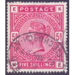 STAMPS : GREAT BRITAIN : 1883-91 5/- Bright Rose, fine used with Registered oval datestamp,