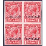 STAMPS : GREAT BRITAIN : 1912 1d Scarlet IMPERF block of four overprinted CANCELLED,