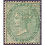 STAMPS : GREAT BRITAIN : 1856 1/- Green mounted mint example, some toning, in Westminster folder,