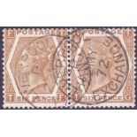 STAMPS : GREAT BRITAIN : 1872 6d Chestnut fine used pair used on FIRST DAY OF ISSUE 22nd May 1872.