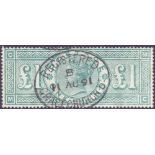 STAMPS : GREAT BRITAIN 1891 £1 Green fine used with central Registered "GRACE CHURCH ST.
