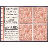 STAMPS : GREAT BRITAIN : 1924 1 1/2d Red Brown "TELEPHONE SERVICE" Advert pane,