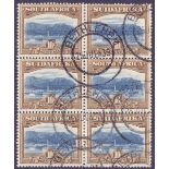 STAMPS : SOUTH AFRICA : 1927 10/- Bright Blue and Brown THREE BILINGUAL PAIR, fine used block of 6,