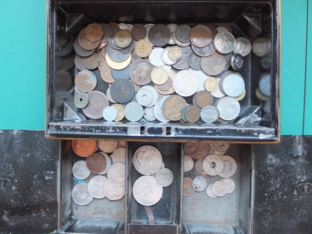 COINS : Old black and gold cash box with - Image 2 of 2