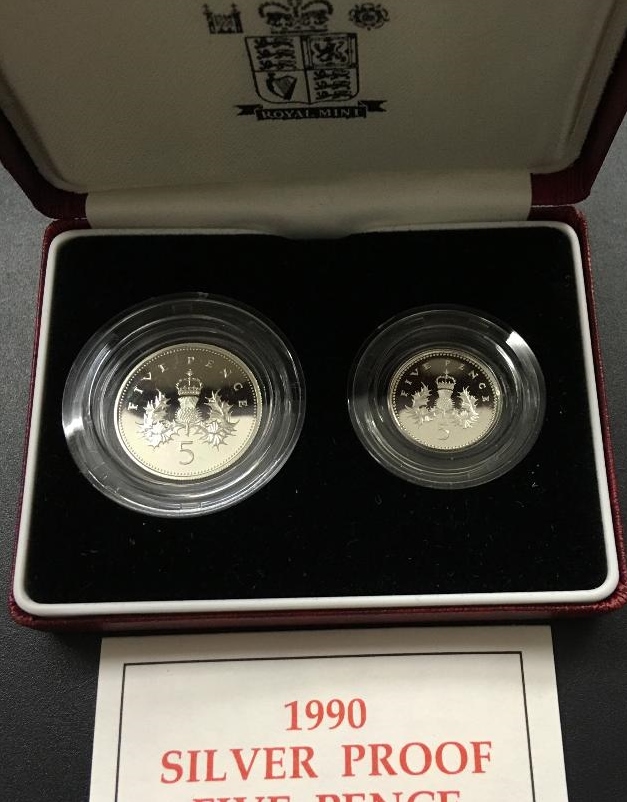 COINS : 1990 UK Silver Proof 5p two coin