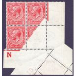 GREAT BRITAIN STAMPS : 1912 1d Scarlet fantastic control block of four with dramatic paper fold !