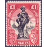 STAMPS MALTA : 1925 £1 Black and Bright Carmine,