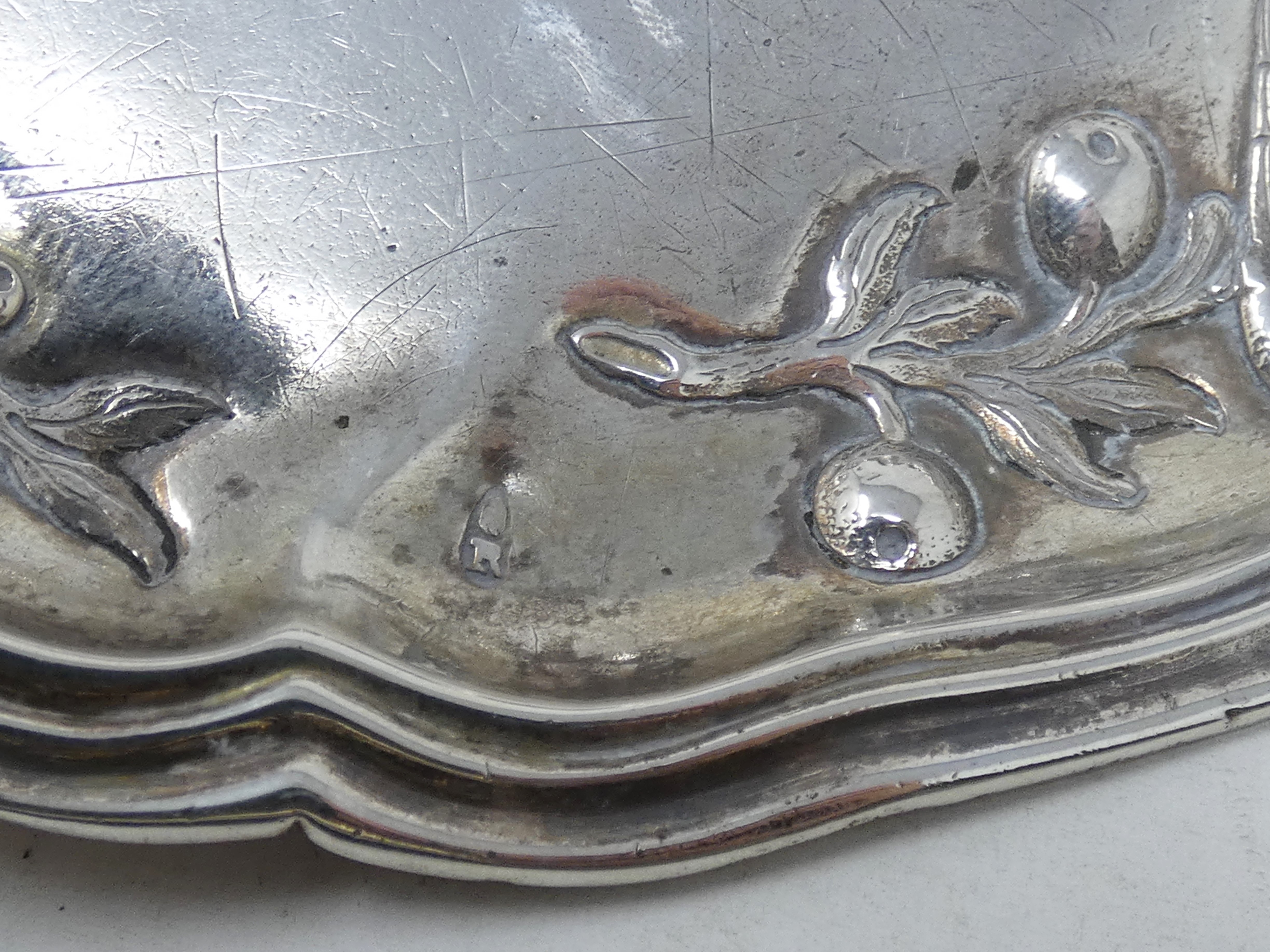 A GERMAN SILVER SMALL TRAY JOHANN MARTIN SATZGER AUGSBURG 1765-67 shaped oval chased below the - Image 2 of 2