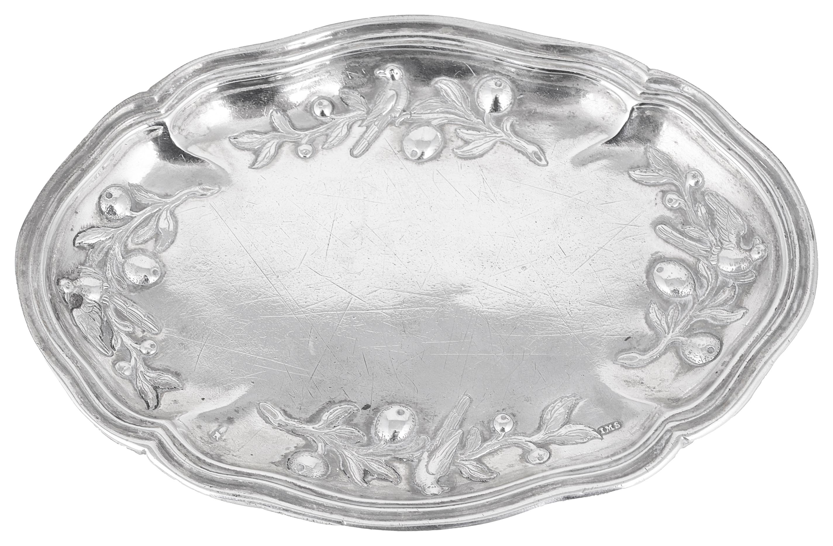 A GERMAN SILVER SMALL TRAY JOHANN MARTIN SATZGER AUGSBURG 1765-67 shaped oval chased below the