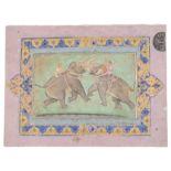 AN ELEPHANT FIGHT, MUGHAL, NORTHERN INDIA, 18TH CENTURY gouache with gold on paper, laid on card
