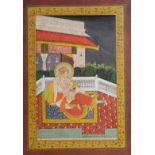 PRINCELY LOVERS ON A TERRACE, PROBABLY ALWAR, LATE 19TH CENTURY gouache with gold on card, scrolling