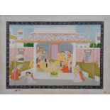 A MAIDEN RESTS IN A PAVILION LOOKED AFTER BY HER ATTENDANTS, PAHARI, INDIA, MID-19TH CENTURY gouache