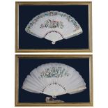 ˜TWO CHINESE IVORY FANS, PROBABLY CANTON, CIRCA 1900 each with a leaf of white duck feathers, one