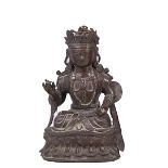 A CHINESE BRONZE FIGURE OF GUANYIN, MING DYNASTY, 16TH / 17TH CENTURY seated padmasana with left
