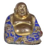 A CHINESE GILT-COPPER AND CHAMPLEVE ENAMEL FIGURE OF BUDAI, QING DYNASTY, 18TH CENTURY typically