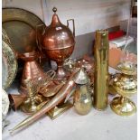 A 19th century large copper tea urn; a hunting horn and metalware