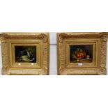 Frank Bubarnick: pair of oils on board, still life subjects with corn and vegetables, signed, 7" x