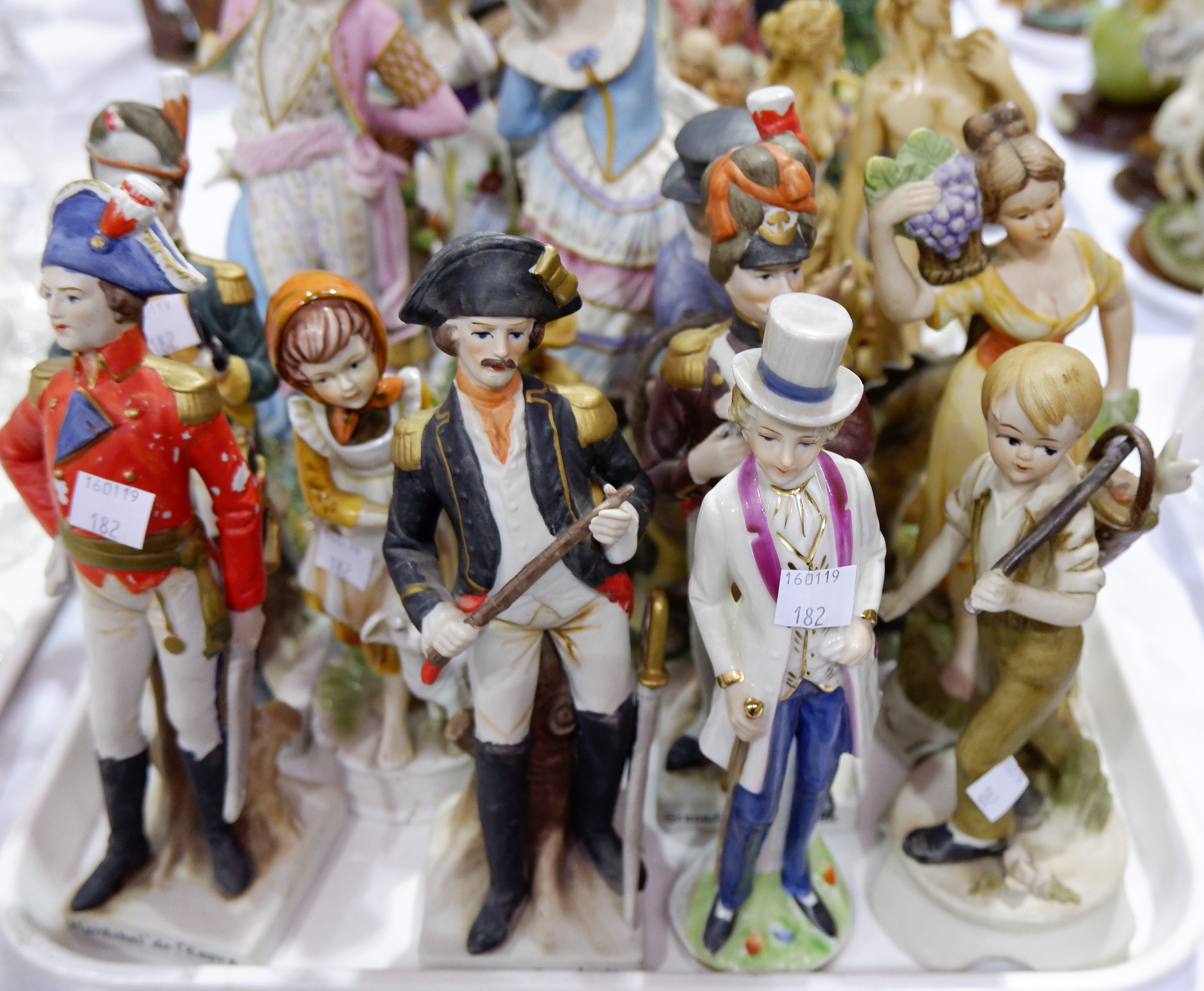 A 19th century French pair of coloured bisque figures of dancers in period dress; other figures