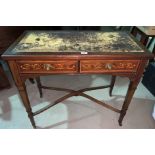 An Edwardian inlaid mahogany writing/card table with inset leather fold-over top and frieze